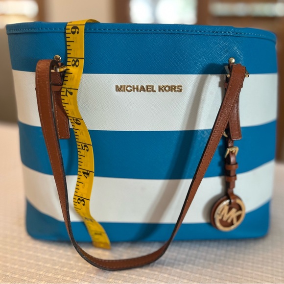 MICHAEL Michael Kors Blue and White Striped Tote with Brown Leather Straps - Picture 2 of 14